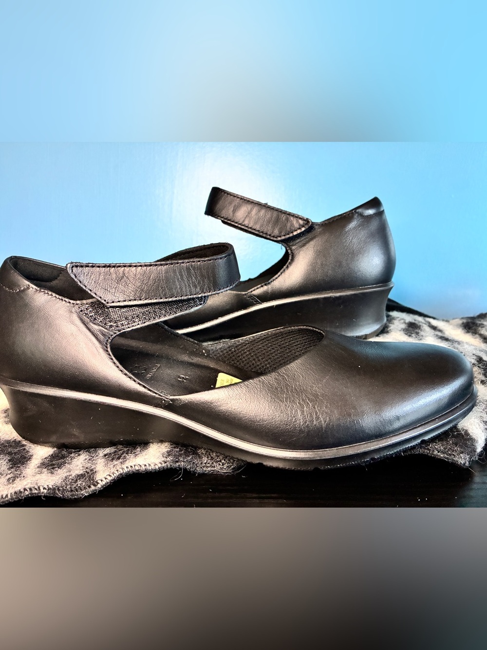 Ecco Black Leather Mary Jane Wedge Mules